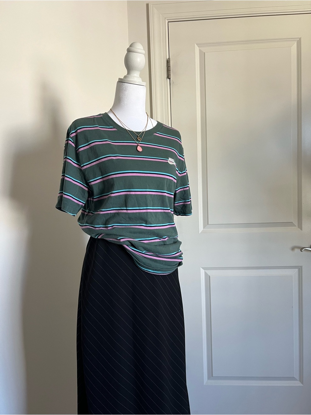 Nike Green Striped Short Sleeve Tee with Pink & White Accents